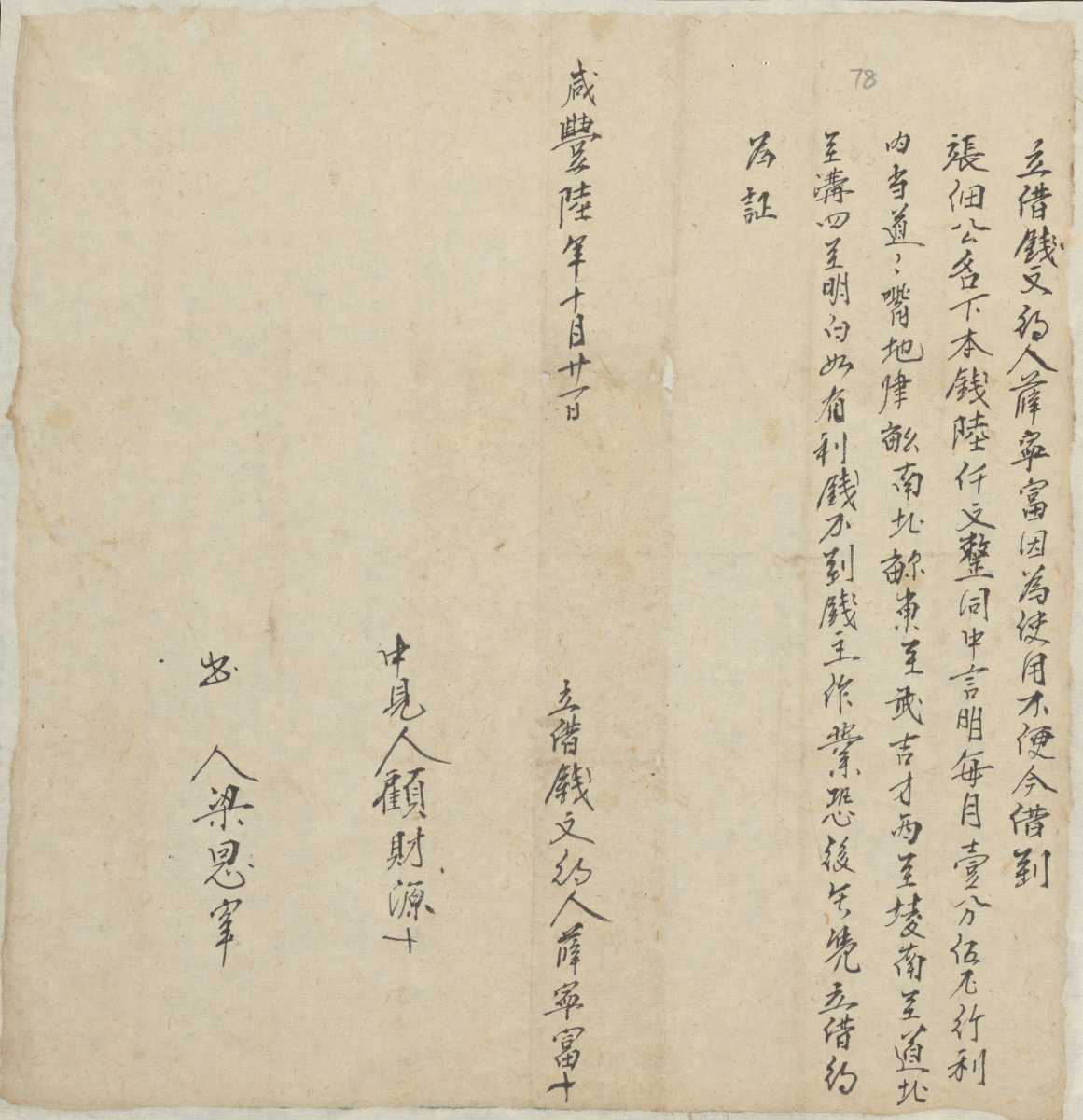 咸丰六年十月二十一日薛宁富同张佃公立借钱文约 第 1 页