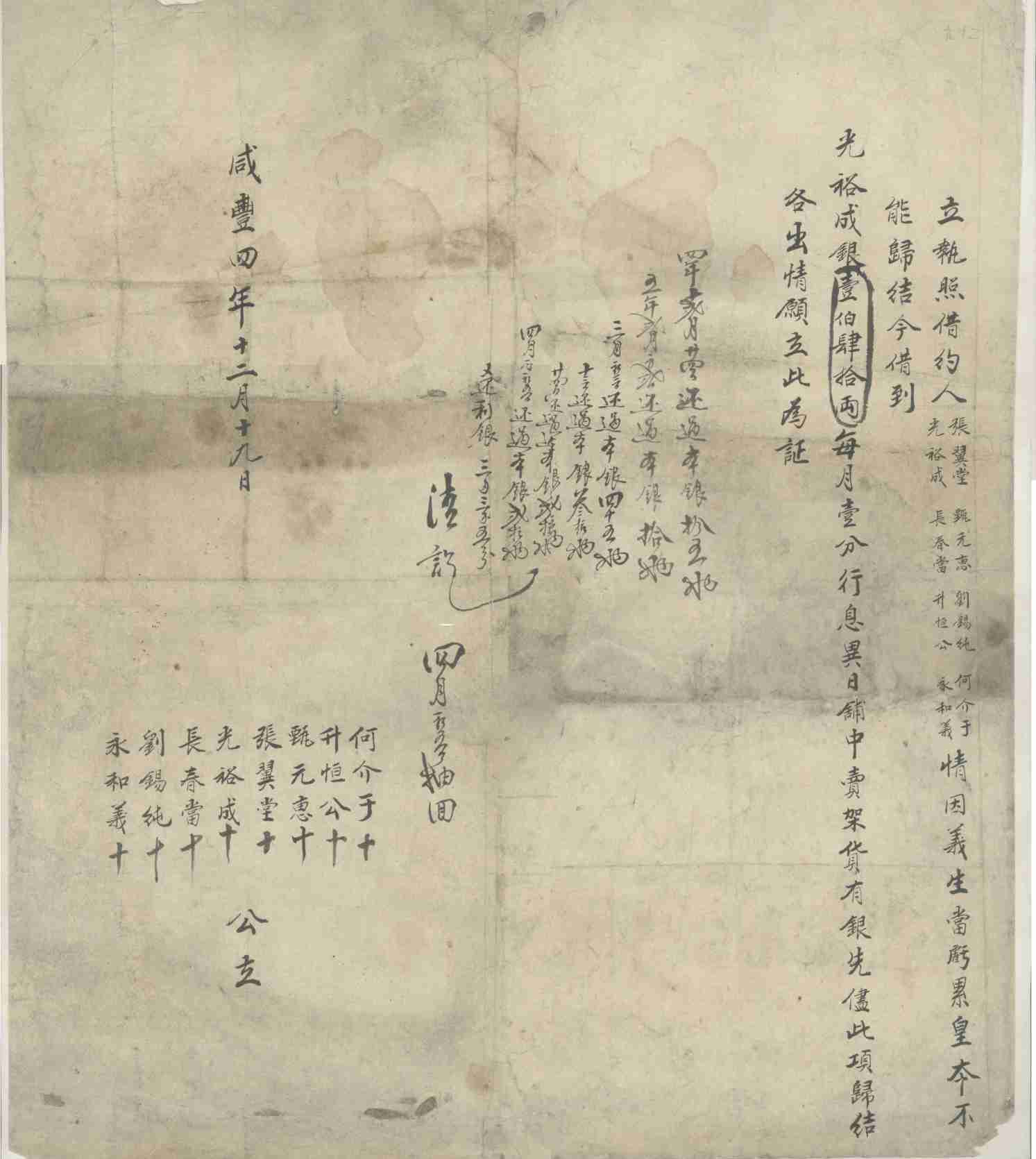 咸丰四年十二月十九日义生当张翼堂等八人同光裕成立执照借约 第 1 页
