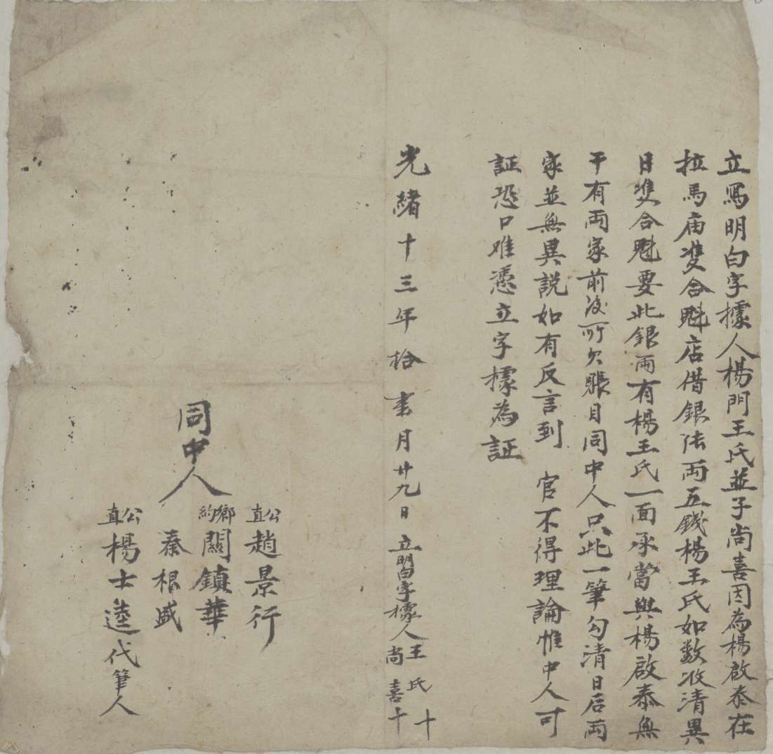 光绪十三年十一月二十九日杨门王氏并子尚喜同双合魁店立明白文约 第 1 页