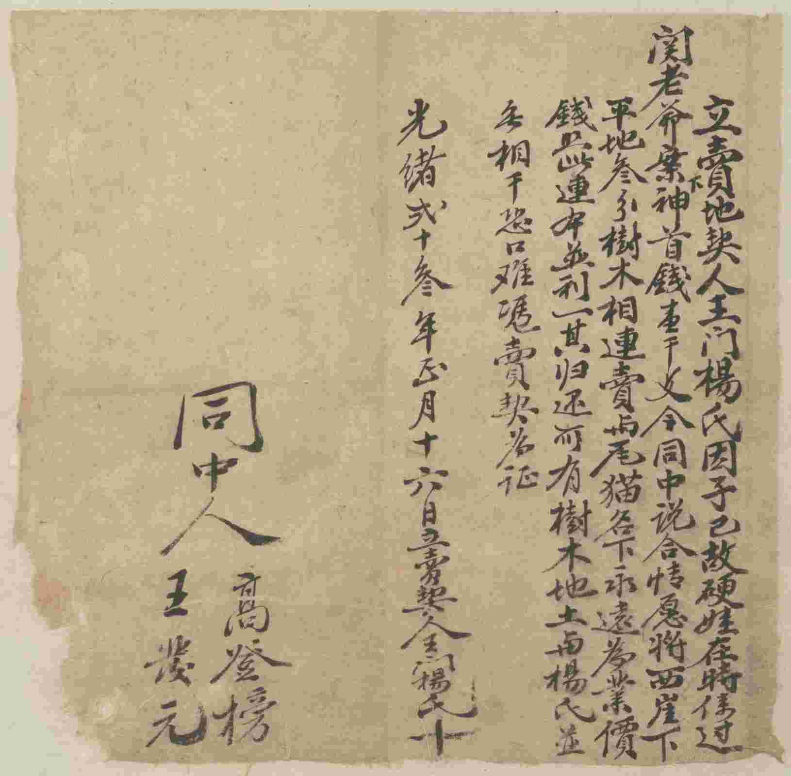 光绪二十三年正月十六日王门杨氏同厘猫立卖地还债契 第 1 页