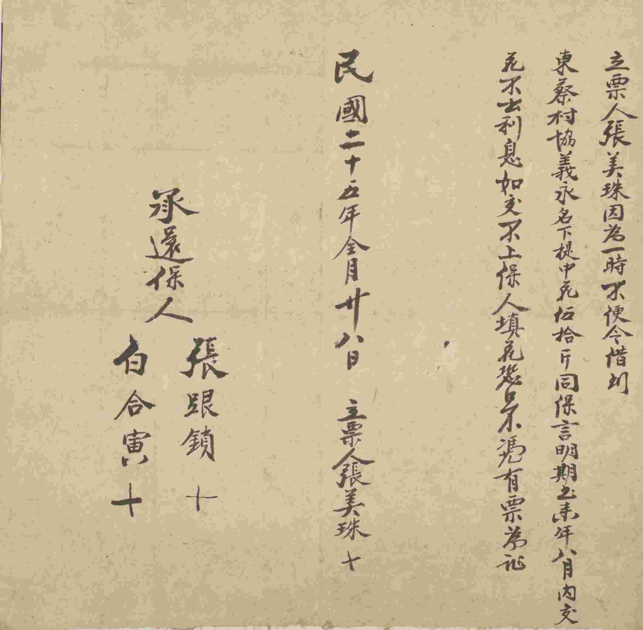 民国二十五年全月二十八日张美珠同协义永立借棉花文约 第 1 页